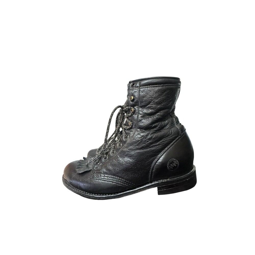 Double H Women's Roper Kiltie Lace Up Boots Size 8.5 M Black Western Rodeo 9348